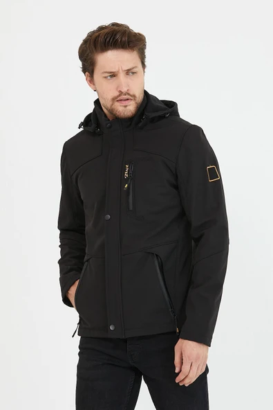 Mero Life Erkek Siyah Kapüşonlu Outdoor Su Ve Rüzgar Geçirmez Softshell Spor Mont - 3