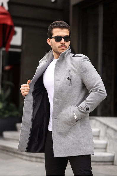 Mero Life Erkek Açık Gri Dar Kesim Dik Yaka Uzun Yün Karışımlı Kaşe Kaban - 2