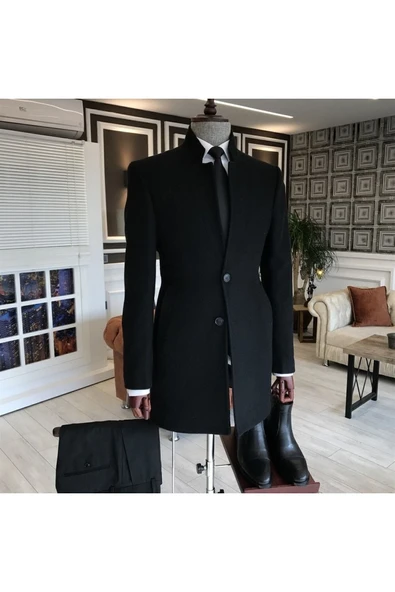 Mero Life Erkek Siyah Slim Fit Dik Yaka Yün Karışımlı Kaşe Kaban - 1