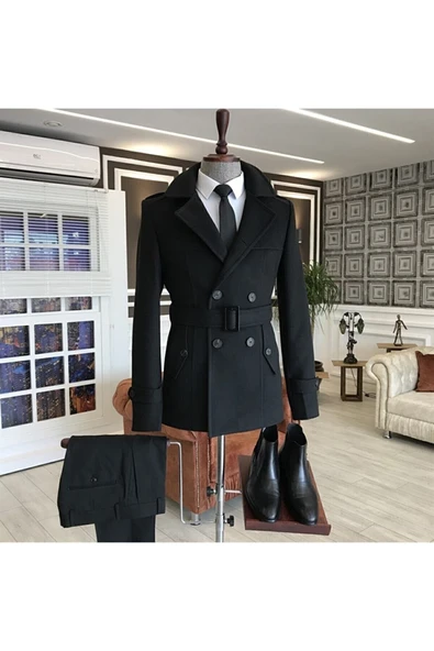 Mero Life Erkek Siyah Kemerli Kaşe Kaban Trenç Model - 1