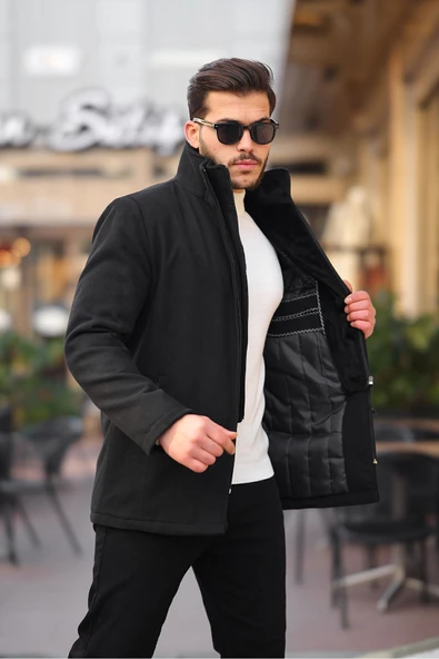 Mero Life Erkek Siyah Yün Karışımlı Çift Yaka Kürklü Önü Fermuarlı Iç Kısmı Kapitone Astarlı Kaşe Kaban - 2