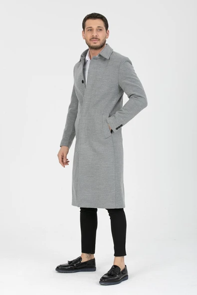 Mero Life Erkek Açık Gri Dar Kesim Uzun Yün Karışımlı Kaşe Gömlek Yaka Palto&kaban - 2