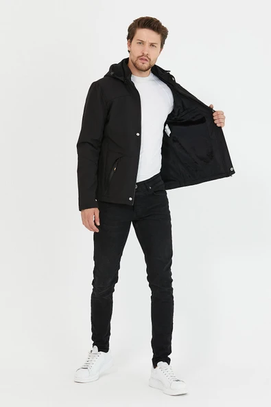 Mero Life Erkek Siyah Kapüşonlu Outdoor Su Ve Rüzgar Geçirmez Softshell Spor Mont - 5