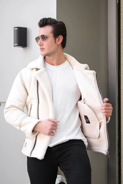Mero Life Erkek Napa Deri Içi Full Kürklü Yüksek Kalite Slim Fit Beyaz Mont & Ceket - 2