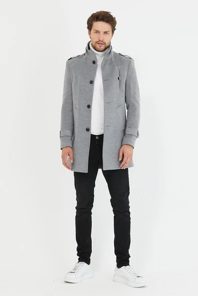 Mero Life Erkek Açık Gri Dar Kesim Dik Yaka Uzun Yün Karışımlı Kaşe Kaban - 5