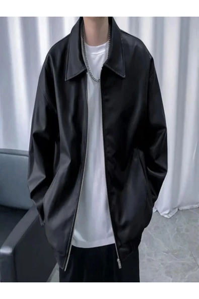 Mero Life Streetwear Siyah Oversize Rahat Kesim Bel Lastikli Deri Ceket - 4