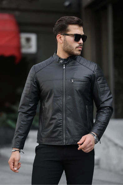 Mero Life Erkek Siyah Dar Kesim Deri Ceket - 4