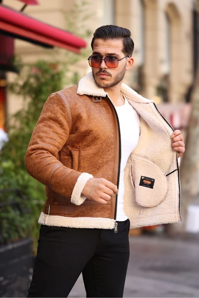 Mero Life Erkek Napa Deri Içi Full Kürklü Yüksek Kalite Slim Fit Taba Mont & Ceket - 3