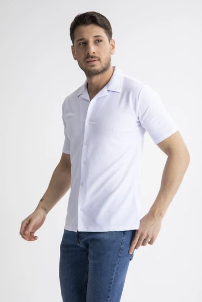Mero Life Erkek Beyaz Slim Fit Yazlık Kısa Kol Apaş Yaka Pamuklu Kumaş Gömlek - 3