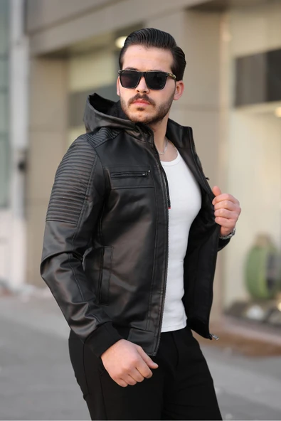 Mero Life Erkek Siyah Dar Kesim Kapüşonlu Bel Lastikli Ribanalı Deri Ceket & Mont - 4