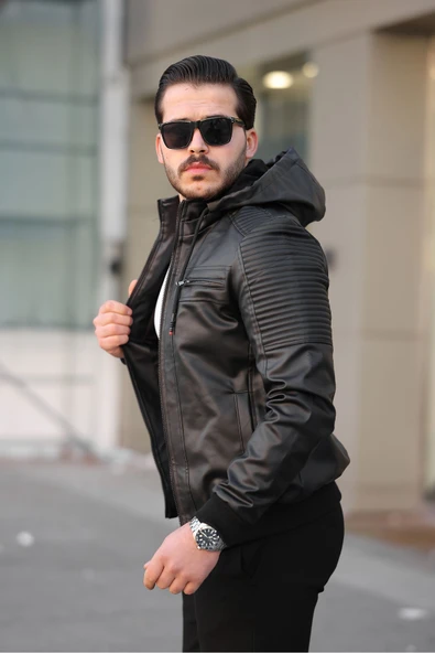 Mero Life Erkek Siyah Dar Kesim Kapüşonlu Bel Lastikli Ribanalı Deri Ceket & Mont - 3