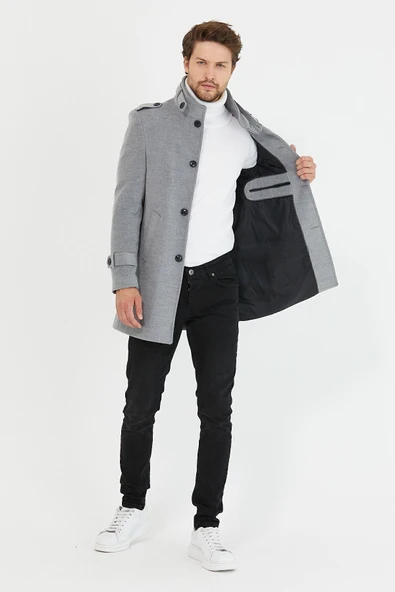 Mero Life Erkek Açık Gri Dar Kesim Dik Yaka Uzun Yün Karışımlı Kaşe Kaban - 5