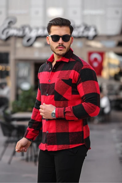 Mero Life Erkek Kırmızı-siyah Oversize Kareli Ekoseli Pamuklu Kalın Kumaş Oduncu Ceket Gömlek - 6