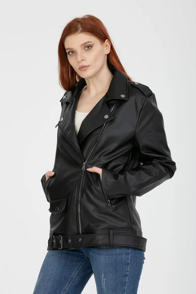 Mero Life Kadın Siyah Oversize Içi Kürklü Kemerli Biker Deri Ceket - 5
