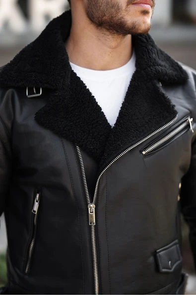 Mero Life Erkek Napa Deri Çapraz Fermuarlı İçi Full Kürklü Yüksek Kalite Slim Fit Siyah Mont & Ceket - 5
