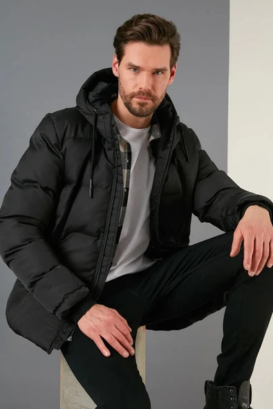 Mero Life Erkek Siyah Dar Kesim Içi Kürklü Kapüşonlu Dik Yaka Uzun Şişme Mont & Kaban - 6