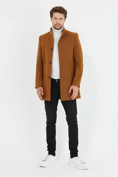 Mero Life Erkek Kiremit Dik Yaka Uzun Kaşe Kaban - 4