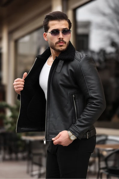 Mero Life Erkek Napa Deri Içi Full Kürklü Yüksek Kalite Slim Fit Siyah Mont & Ceket
