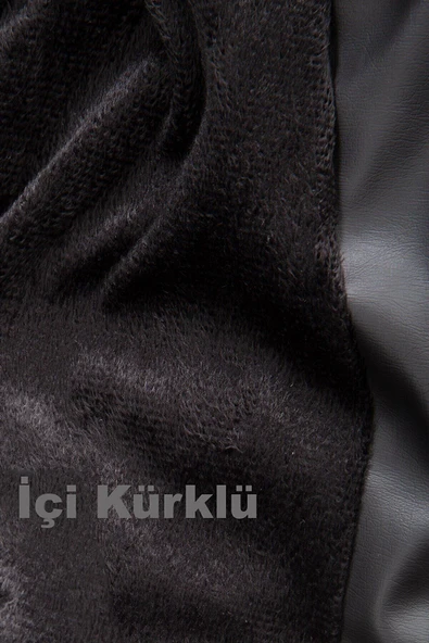 Mero Life Kadın Siyah Oversize Içi Kürklü Kemerli Biker Deri Ceket - 4