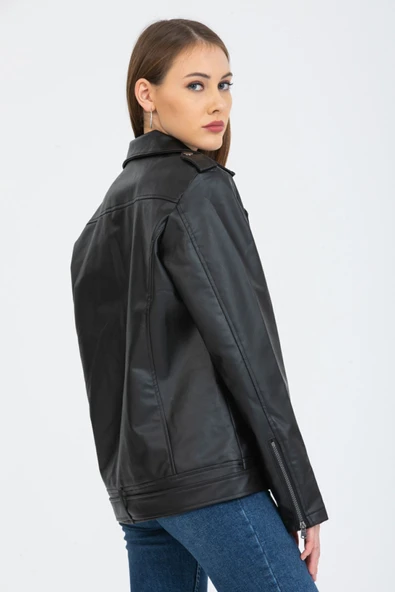 Mero Life Kadın Siyah Baharlık Oversize Içi Kürklü Kemerli Biker Deri Ceket - 8