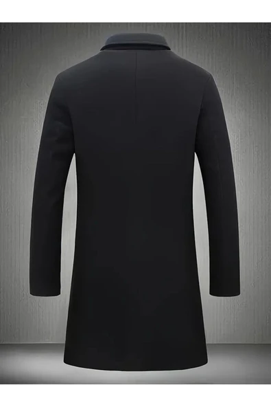 Mero Life Erkek Slim Fit Tek Yırtmaçlı Düğmeli Mono Yaka Siyah Kaşe Kaban - 4