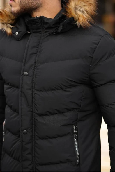 Mero Life Erkek Siyah Kapüşonlu Su Ve Rüzgar Geçirmez Şişme Mont - 4