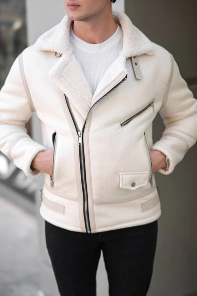 Mero Life Erkek Napa Deri Içi Full Kürklü Yüksek Kalite Slim Fit Beyaz Mont & Ceket - 3