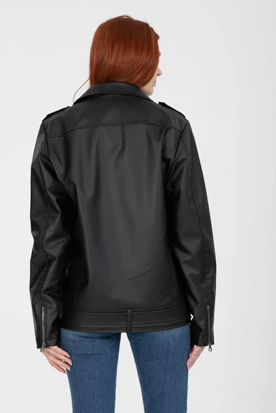 Mero Life Kadın Siyah Oversize Içi Kürklü Kemerli Biker Deri Ceket - 8