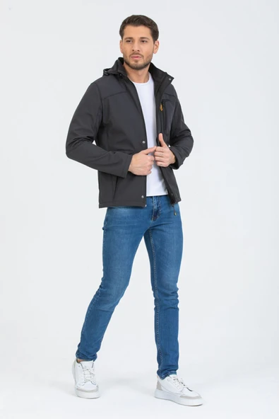 Mero Life Erkek Gri Kapüşonlu Su Ve Rüzgar Geçirmez Softshell Mont - 3