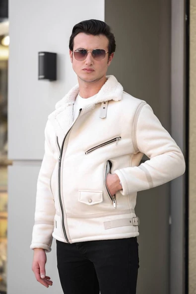 Mero Life Erkek Napa Deri Içi Full Kürklü Yüksek Kalite Slim Fit Beyaz Mont & Ceket - 4