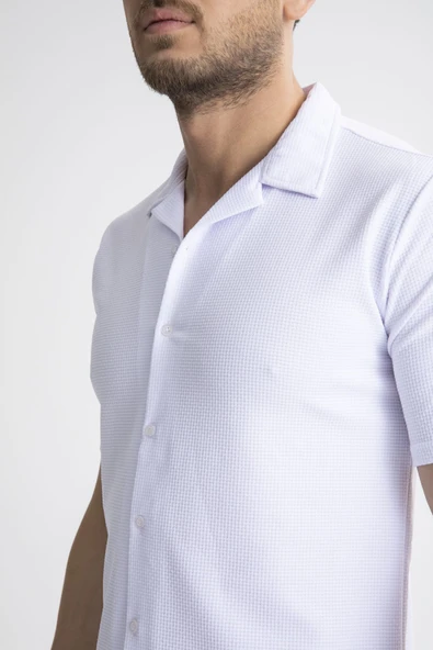 Mero Life Erkek Beyaz Slim Fit Yazlık Kısa Kol Apaş Yaka Pamuklu Kumaş Gömlek - 6