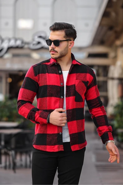 Mero Life Erkek Kırmızı-siyah Oversize Kareli Ekoseli Pamuklu Kalın Kumaş Oduncu Ceket Gömlek