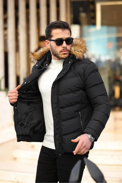 Mero Life Erkek Siyah Kapüşonlu Su Ve Rüzgar Geçirmez Şişme Mont - 5