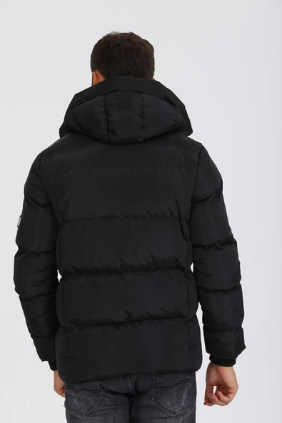 Mero Life Erkek Siyah Su Ve Rüzgar Geçirmez Kapüşonlu Dik Yaka Şişme Mont & Kaban - 7