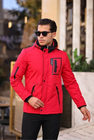 Mero Life Outdoor Kapüşonlu Su Ve Rüzgar Geçirmez Kapitone Içi Kürklü Elyaflı Şişme Kırmızı Softshell Mont - 5