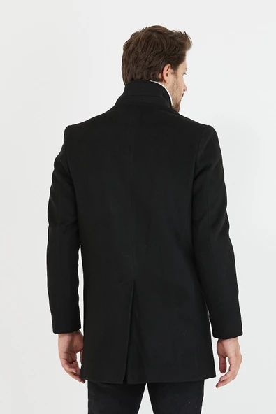 Mero Life Erkek Siyah Slim Fit Dik Yaka Yün Karışımlı Kaşe Kaban - 7
