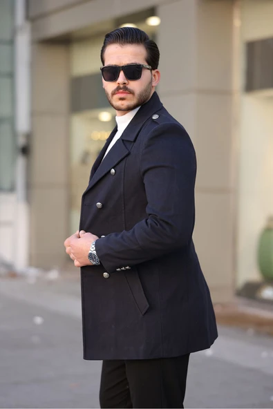 Mero Life Erkek Yeni Sezon Düğme Detaylı Dar Kesim Kruvaze Yaka Lacivert Kaşe Kaban