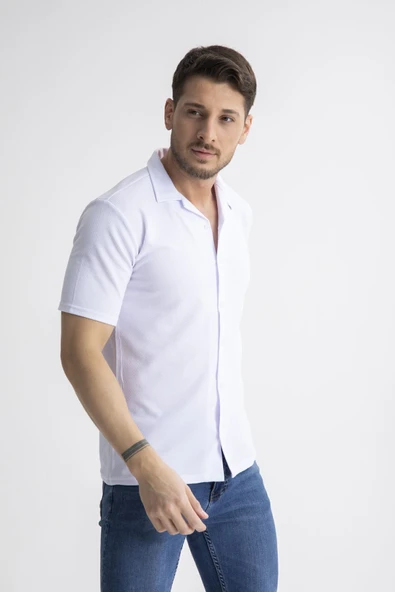 Mero Life Erkek Beyaz Slim Fit Yazlık Kısa Kol Apaş Yaka Pamuklu Kumaş Gömlek - 4
