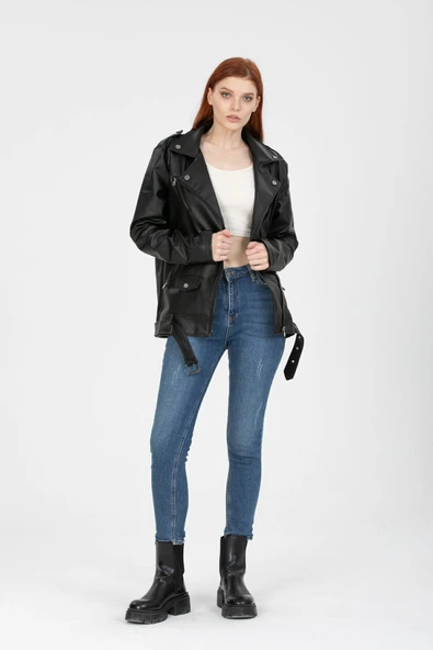Mero Life Kadın Siyah Oversize Içi Kürklü Kemerli Biker Deri Ceket - 6