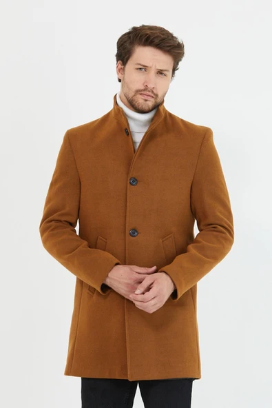 Mero Life Erkek Kiremit Dik Yaka Uzun Kaşe Kaban