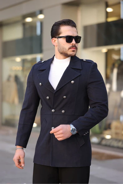 Mero Life Erkek Yeni Sezon Düğme Detaylı Dar Kesim Kruvaze Yaka Lacivert Kaşe Kaban - 3