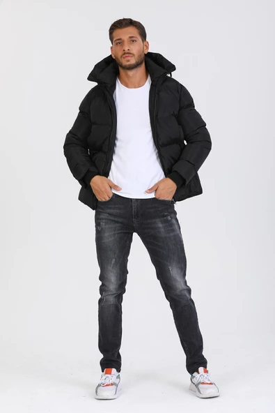 Mero Life Erkek Siyah Su Ve Rüzgar Geçirmez Kapüşonlu Dik Yaka Şişme Mont & Kaban - 2