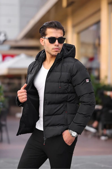 Mero Life Erkek Siyah Dar Kesim Kapüşonlu Dik Yaka Şişme Mont - 1