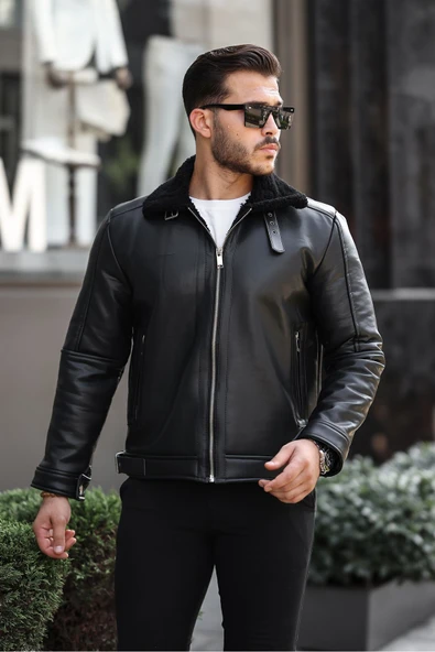 Mero Life Erkek Napa Deri Içi Full Kürklü Yüksek Kalite Slim Fit Siyah Mont & Ceket - 5