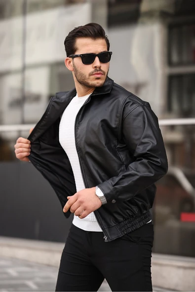 Mero Life Streetwear Siyah Oversize Rahat Kesim Bel Lastikli Deri Ceket - 3