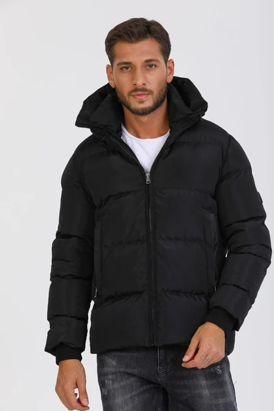 Mero Life Erkek Siyah Su Ve Rüzgar Geçirmez Kapüşonlu Dik Yaka Şişme Mont & Kaban - 4