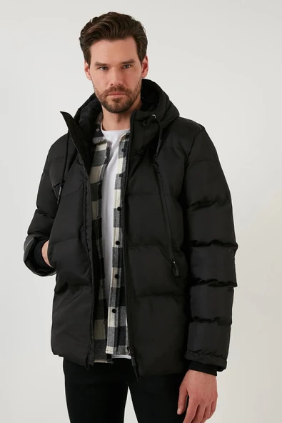 Mero Life Erkek Siyah Dar Kesim Içi Kürklü Kapüşonlu Dik Yaka Uzun Şişme Mont & Kaban - 4