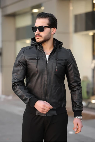 Mero Life Erkek Siyah Dar Kesim Kapüşonlu Bel Lastikli Ribanalı Deri Ceket & Mont