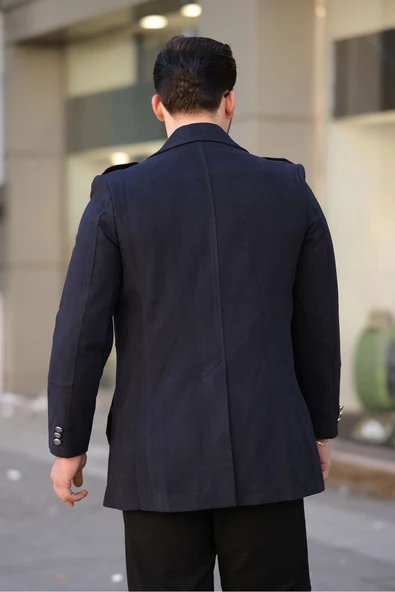 Mero Life Erkek Yeni Sezon Düğme Detaylı Dar Kesim Kruvaze Yaka Lacivert Kaşe Kaban - 4