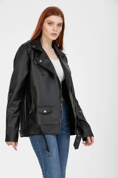 Mero Life Kadın Siyah Oversize Içi Kürklü Kemerli Biker Deri Ceket - 7